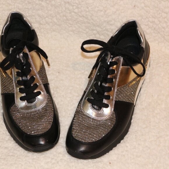 MICHAEL Michael Kors Allie Stride Leather and Glitter Chain-Mesh Trainers - Picture 1 of 3